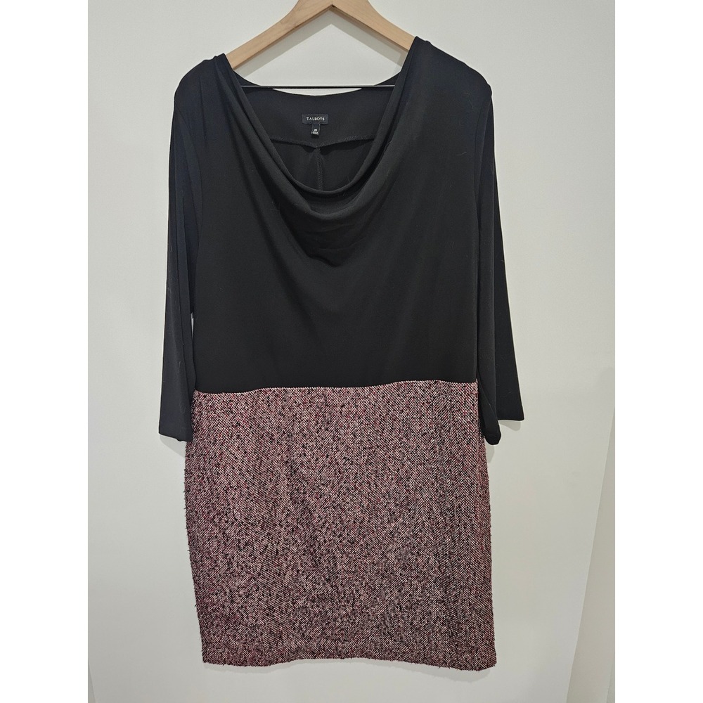 Talbots Womens Size 20 Cowl Neck Tweed Sheath Dress Black Burgundy 3/4 Sleeve